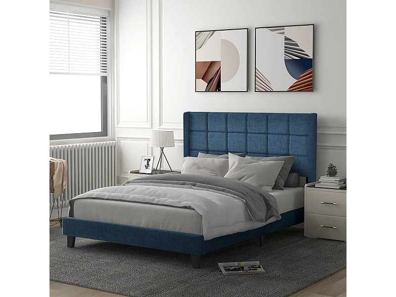 Lit rembourré en tissu de lin - 140x200cm - avec tête de lit et sommier à lattes - Bleu