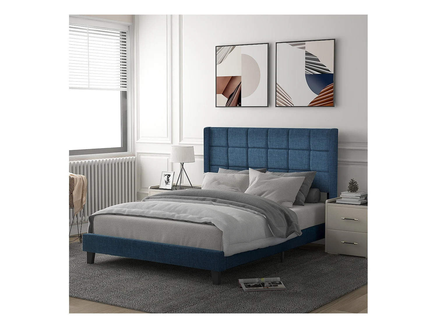 Lit rembourré en tissu de lin - 140x200cm - avec tête de lit et sommier à lattes - Bleu