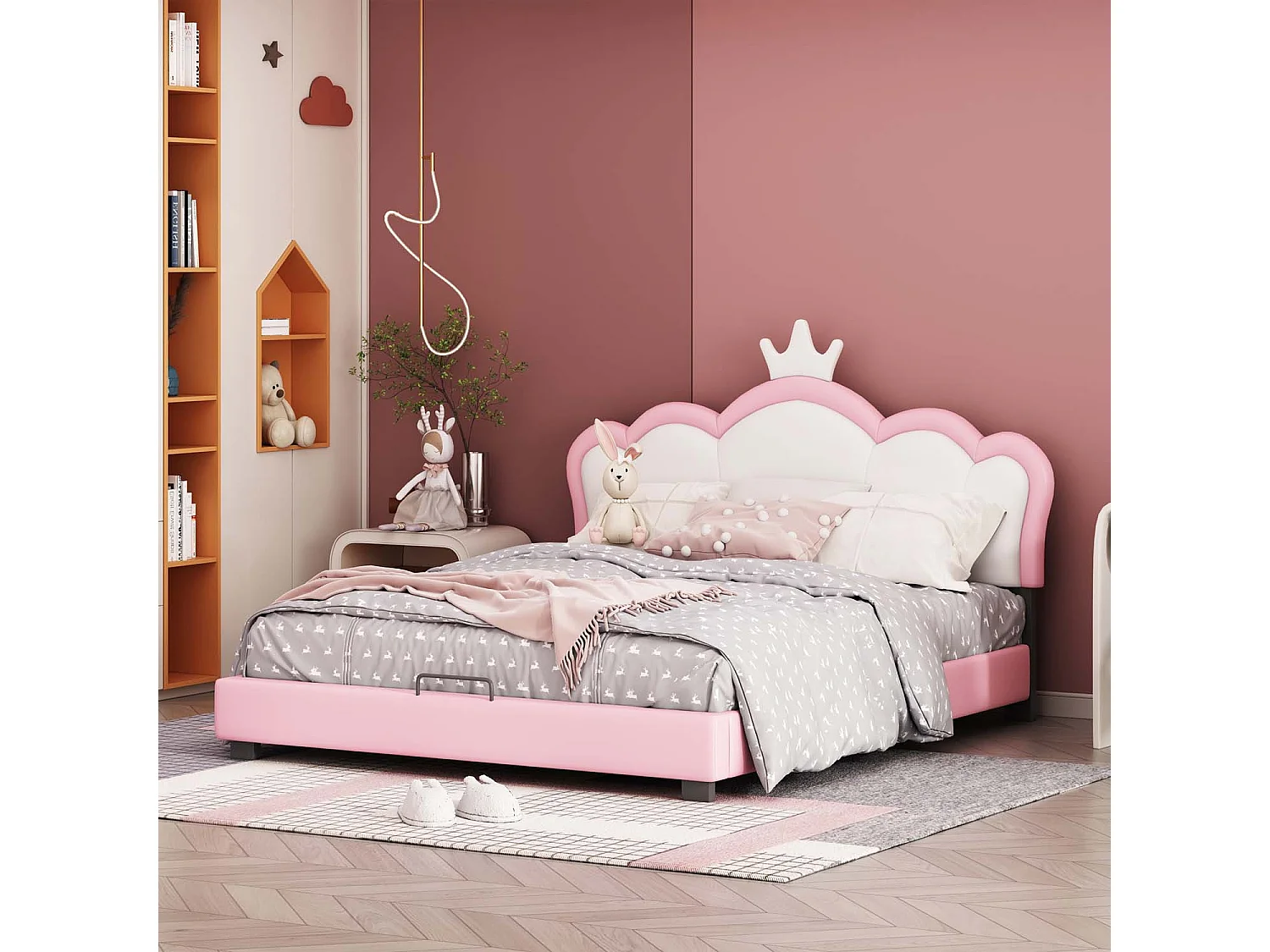 Lit enfant avec tête de lit en forme de couronne + sommier à lattes - 140x200cm - similicuir - Rose