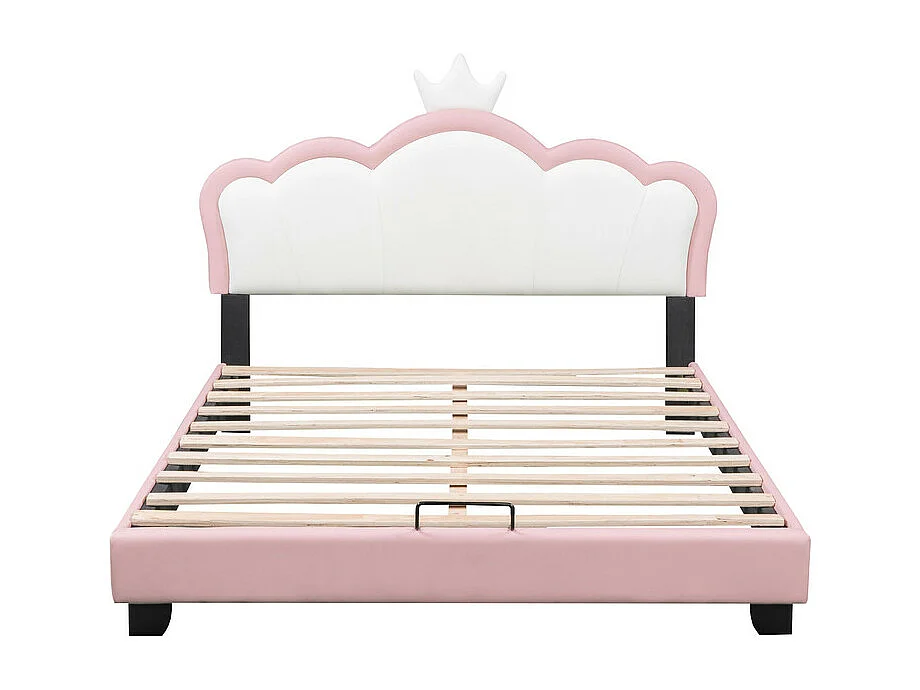 Lit enfant avec tête de lit en forme de couronne + sommier à lattes - 140x200cm - similicuir - Rose