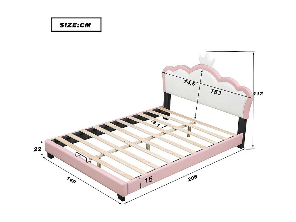 Lit enfant avec tête de lit en forme de couronne + sommier à lattes - 140x200cm - similicuir - Rose