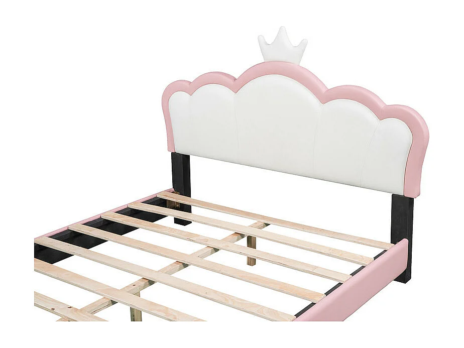 Lit enfant avec tête de lit en forme de couronne + sommier à lattes - 140x200cm - similicuir - Rose