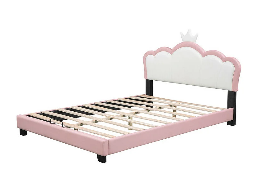Lit enfant avec tête de lit en forme de couronne + sommier à lattes - 140x200cm - similicuir - Rose