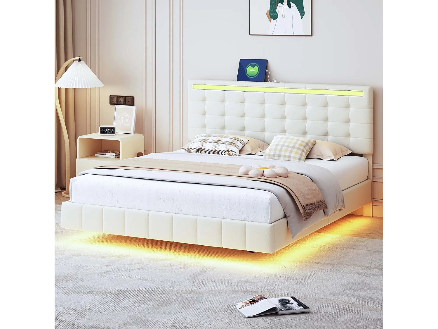 Lit adulte 160x200cm - lit flottant avec LED et 2 ports USB + sommier à lattes - tissu en lin - Beige