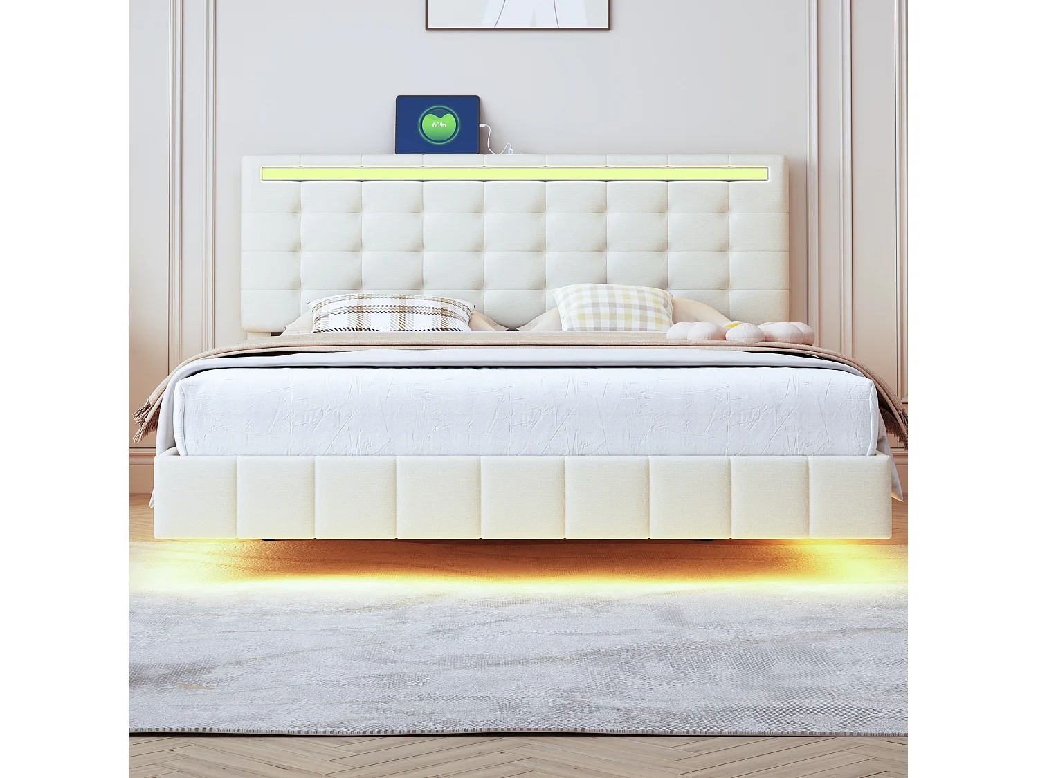 Lit adulte 160x200cm - lit flottant avec LED et 2 ports USB + sommier à lattes - tissu en lin - Beige