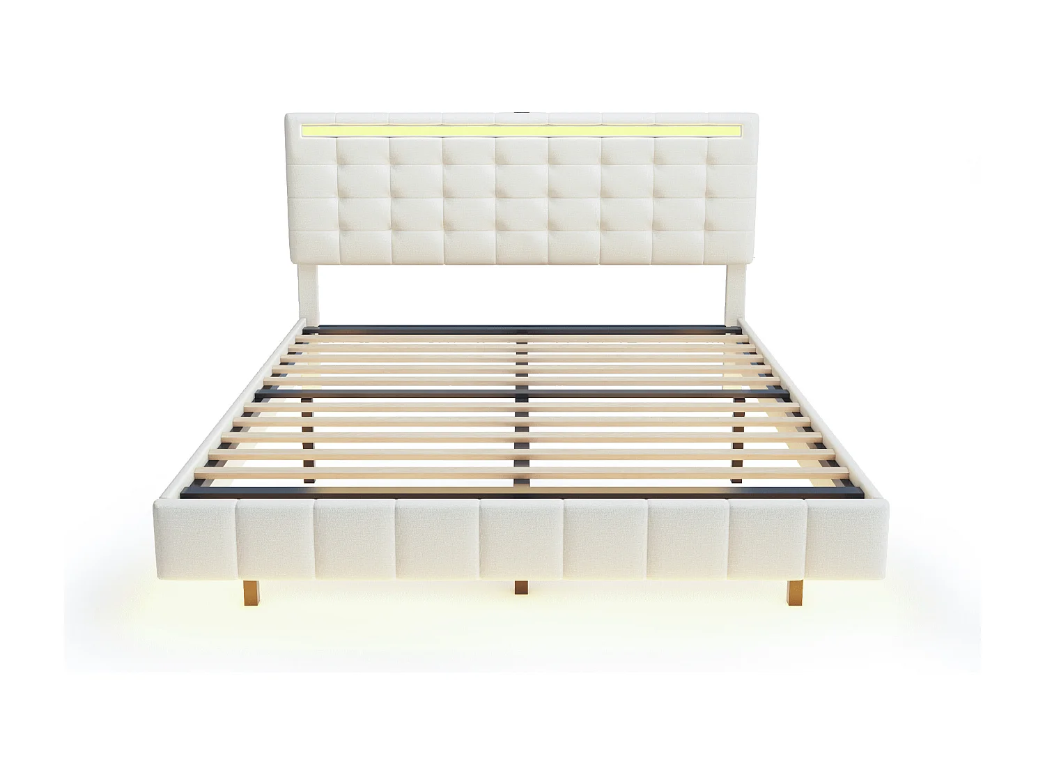 Lit adulte 160x200cm - lit flottant avec LED et 2 ports USB + sommier à lattes - tissu en lin - Beige