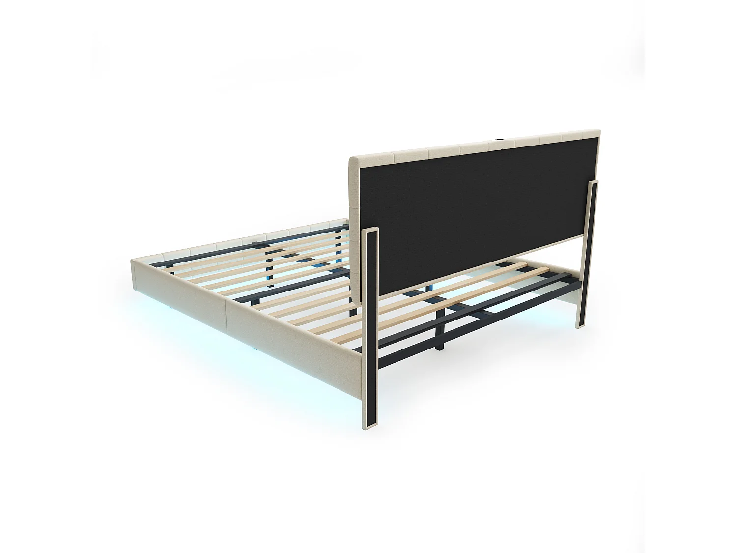 Lit adulte 160x200cm - lit flottant avec LED et 2 ports USB + sommier à lattes - tissu en lin - Beige