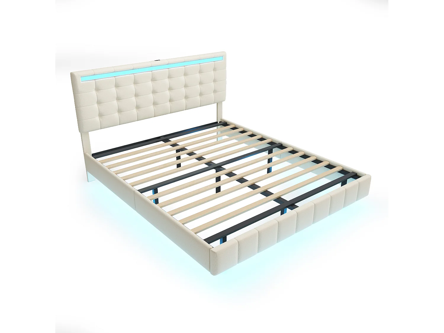 Lit adulte 160x200cm - lit flottant avec LED et 2 ports USB + sommier à lattes - tissu en lin - Beige