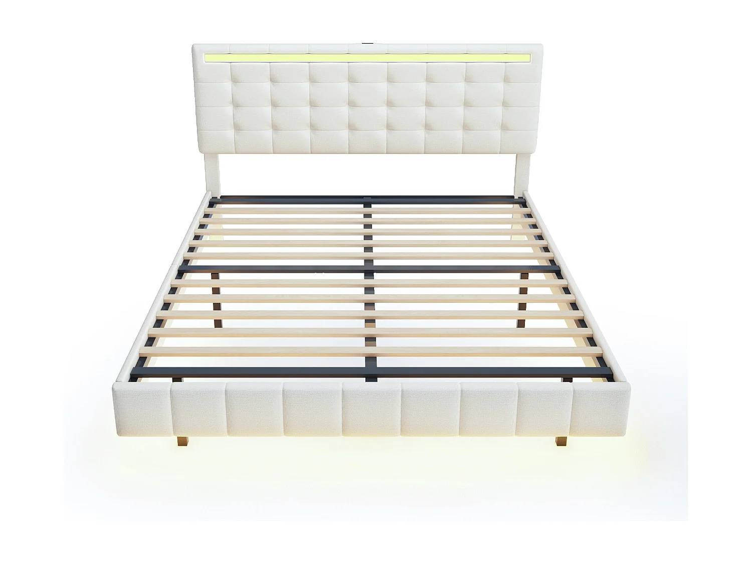 Lit adulte 160x200cm - lit flottant avec LED et 2 ports USB + sommier à lattes - tissu en lin - Beige