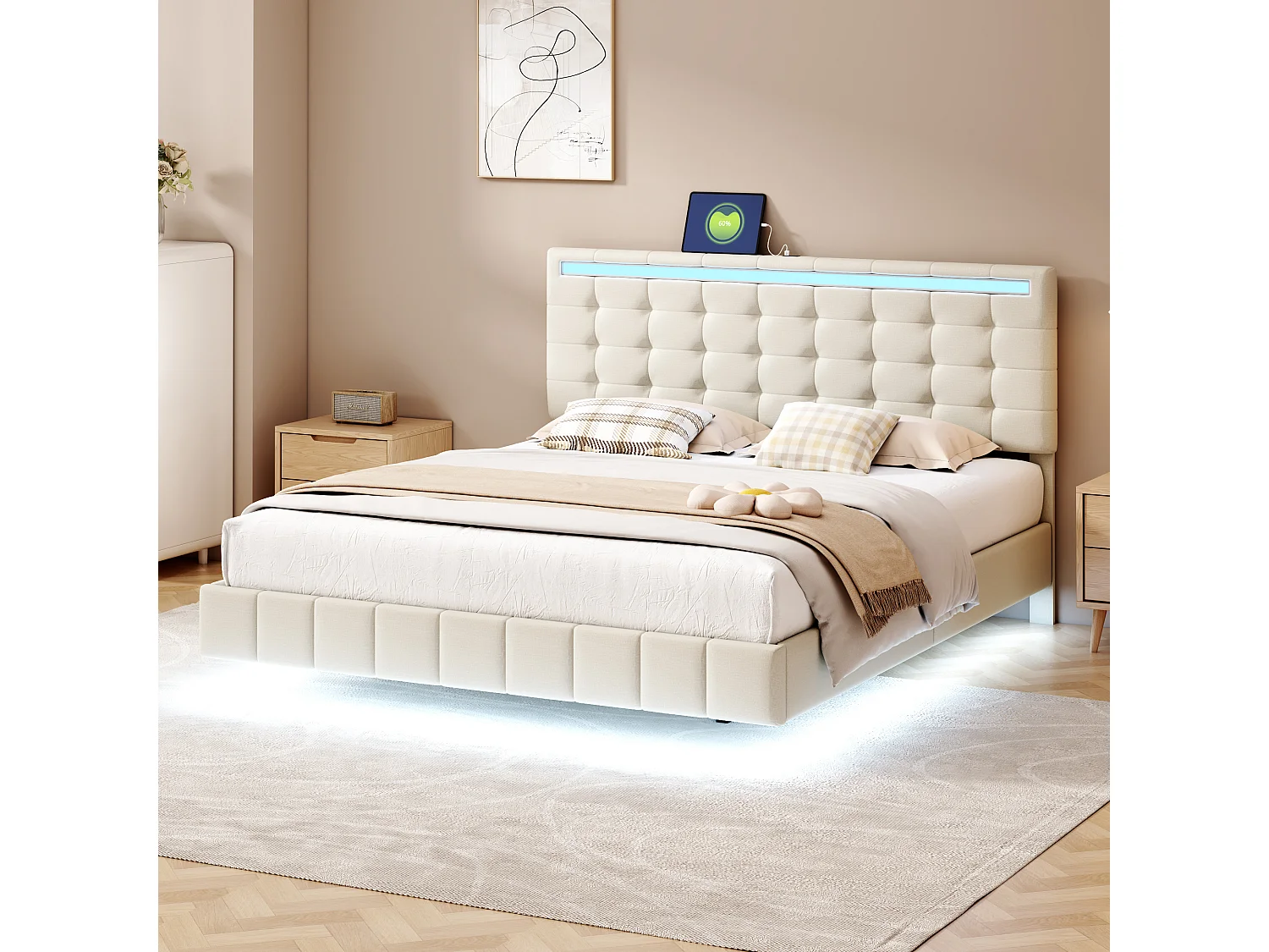 Lit adulte 160x200cm - lit flottant avec LED et 2 ports USB + sommier à lattes - tissu en lin - Beige