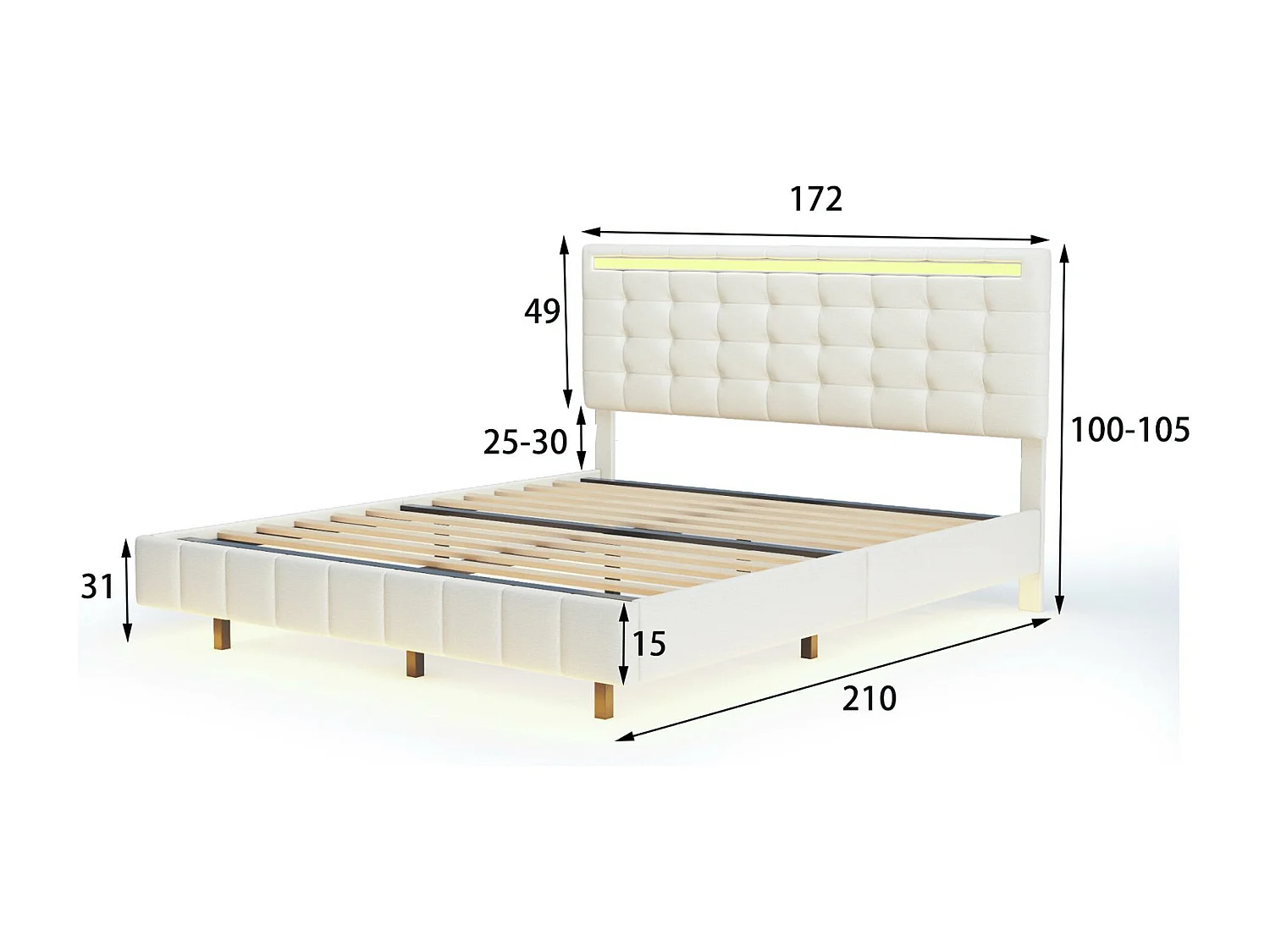Lit adulte 160x200cm - lit flottant avec LED et 2 ports USB + sommier à lattes - tissu en lin - Beige