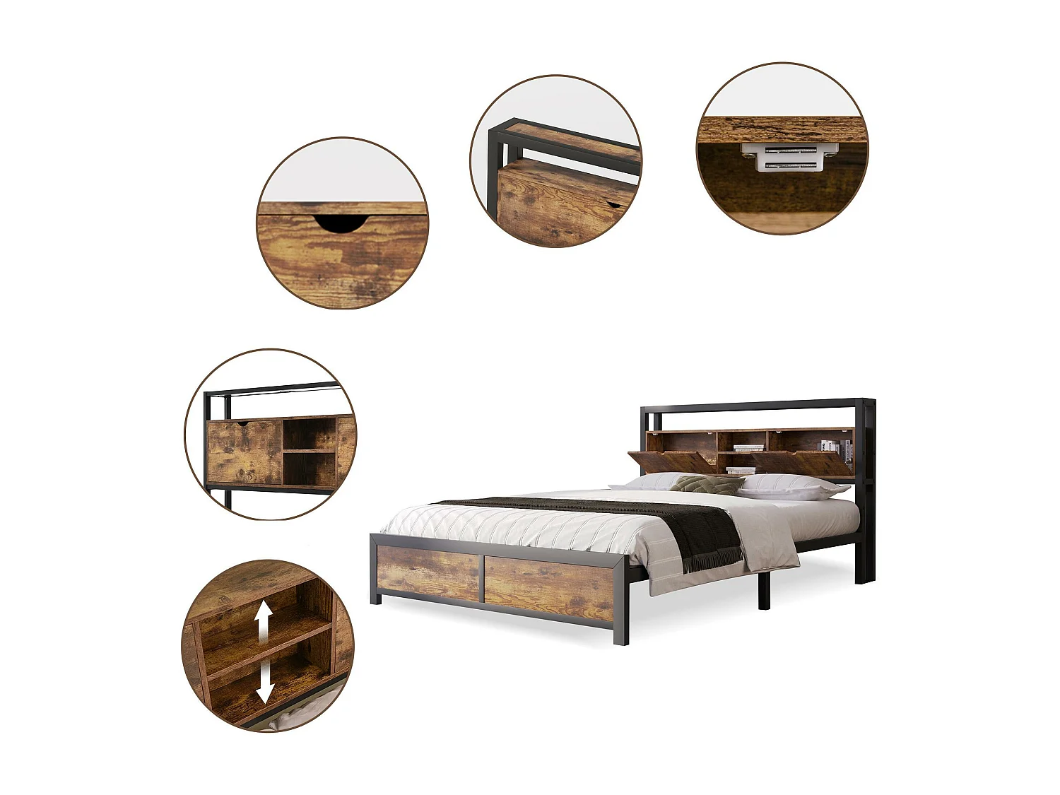 Erwachsenenbett 140x200cm mit Stauraum – Metallrahmen – Braun