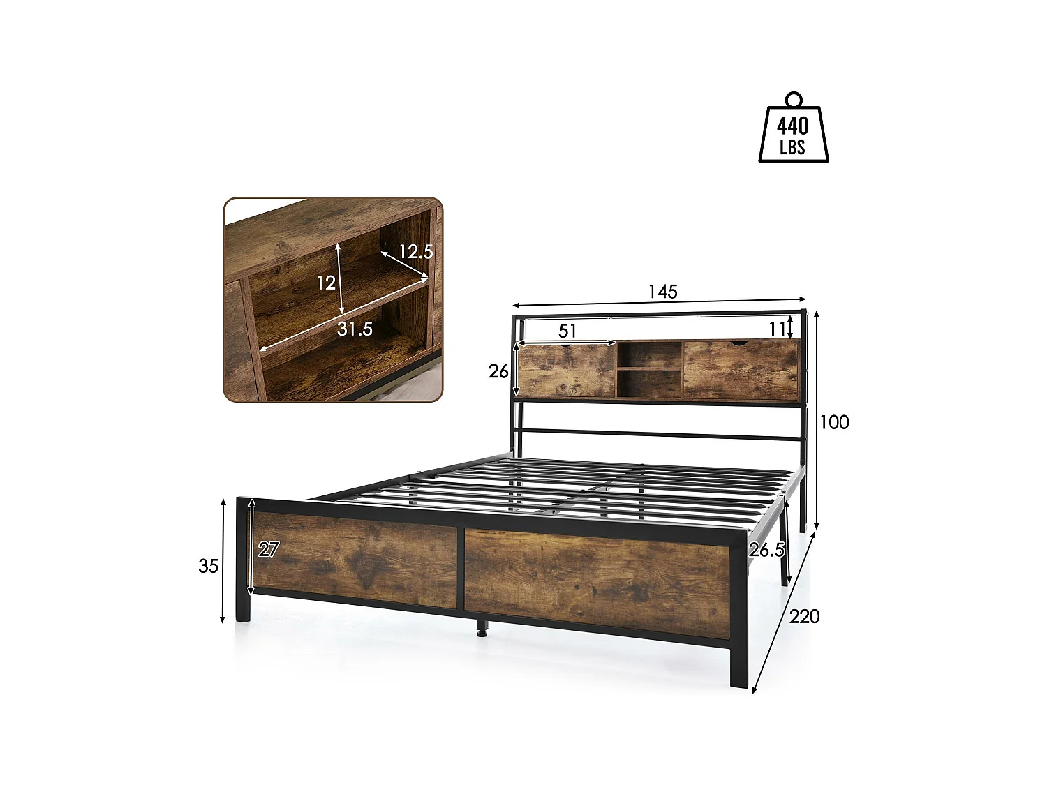 Cama para adultos 140x200 cm con espacio de almacenamiento - estructura de metal - Marrón