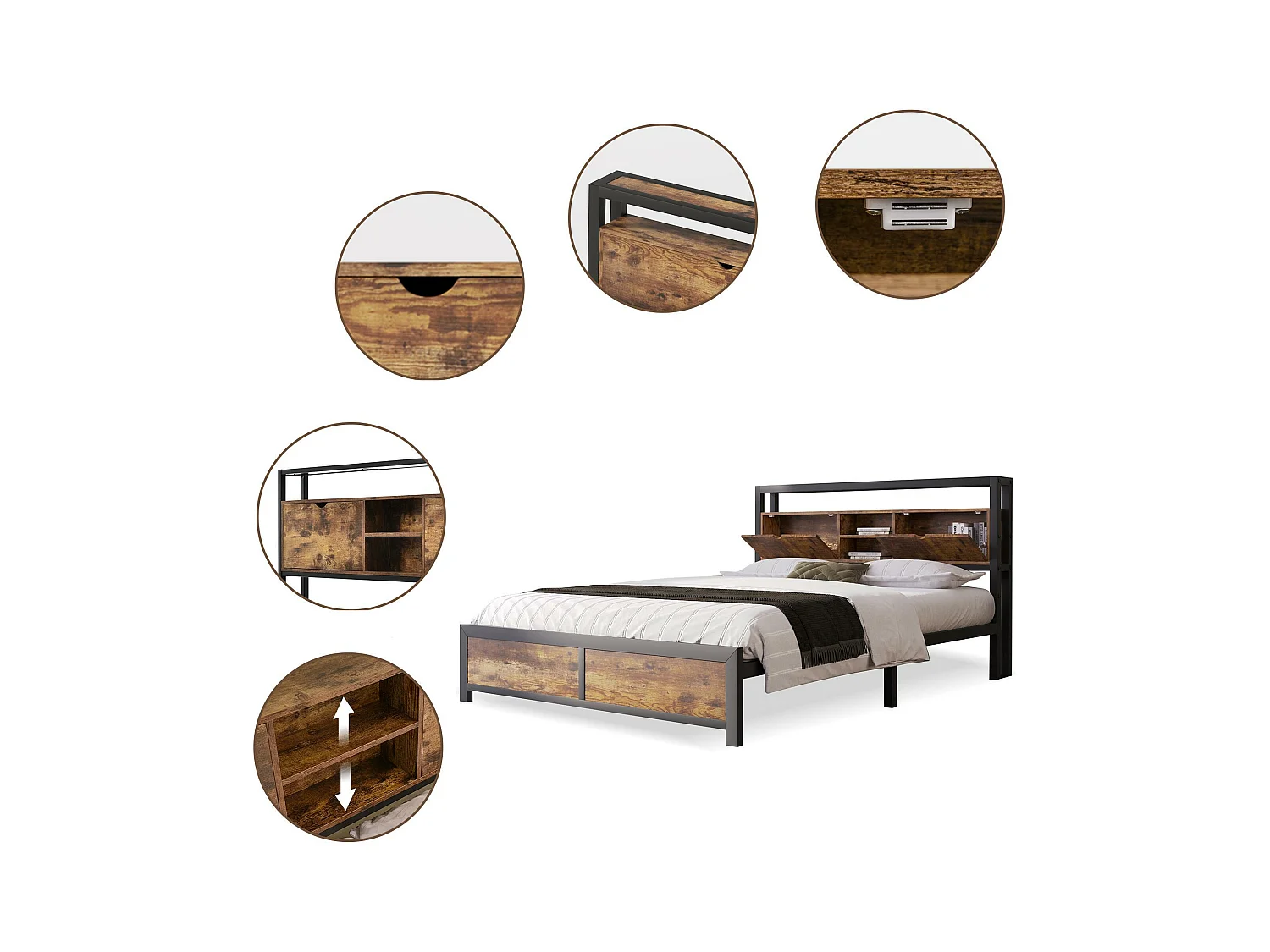 Cama para adultos 140x200 cm con espacio de almacenamiento - estructura de metal - Marrón