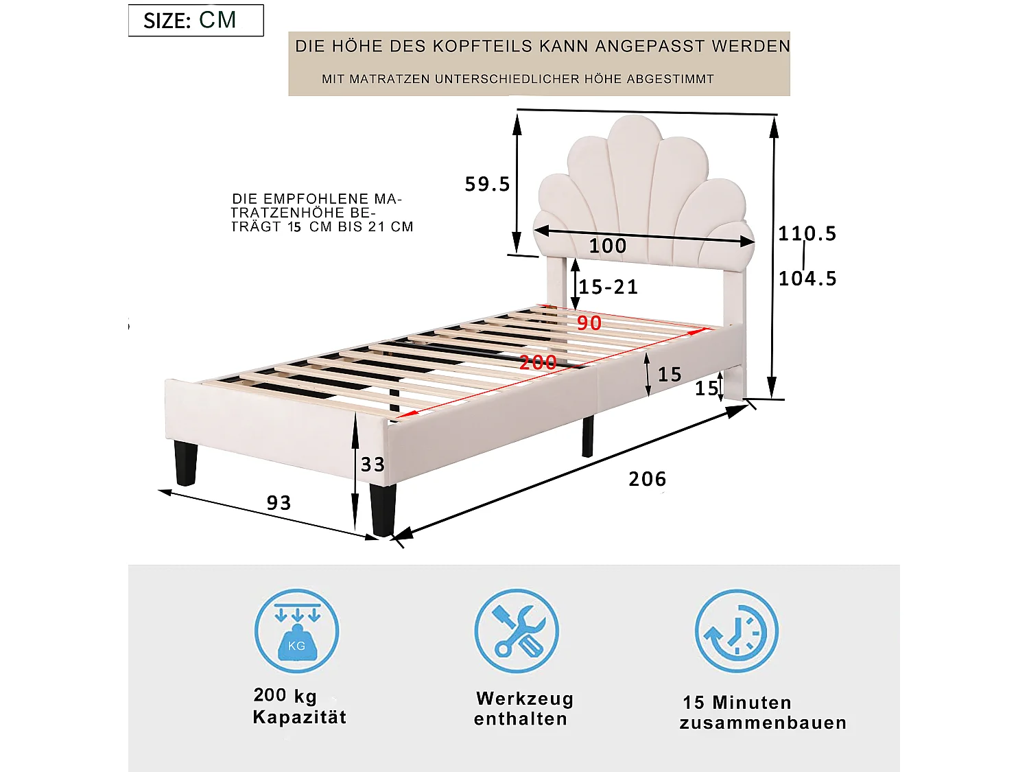 Einzelbett mit Samtbezug – 90 x 200 cm – blumenförmiges Kopfteil – mit Lattenrost – Beige