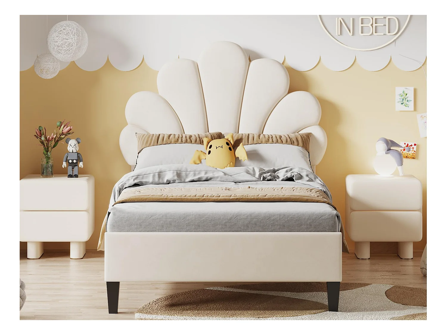 Lit simple rembourré en velours - 90x200cm - tête de lit en forme de fleur - avec sommier à lattes - Beige