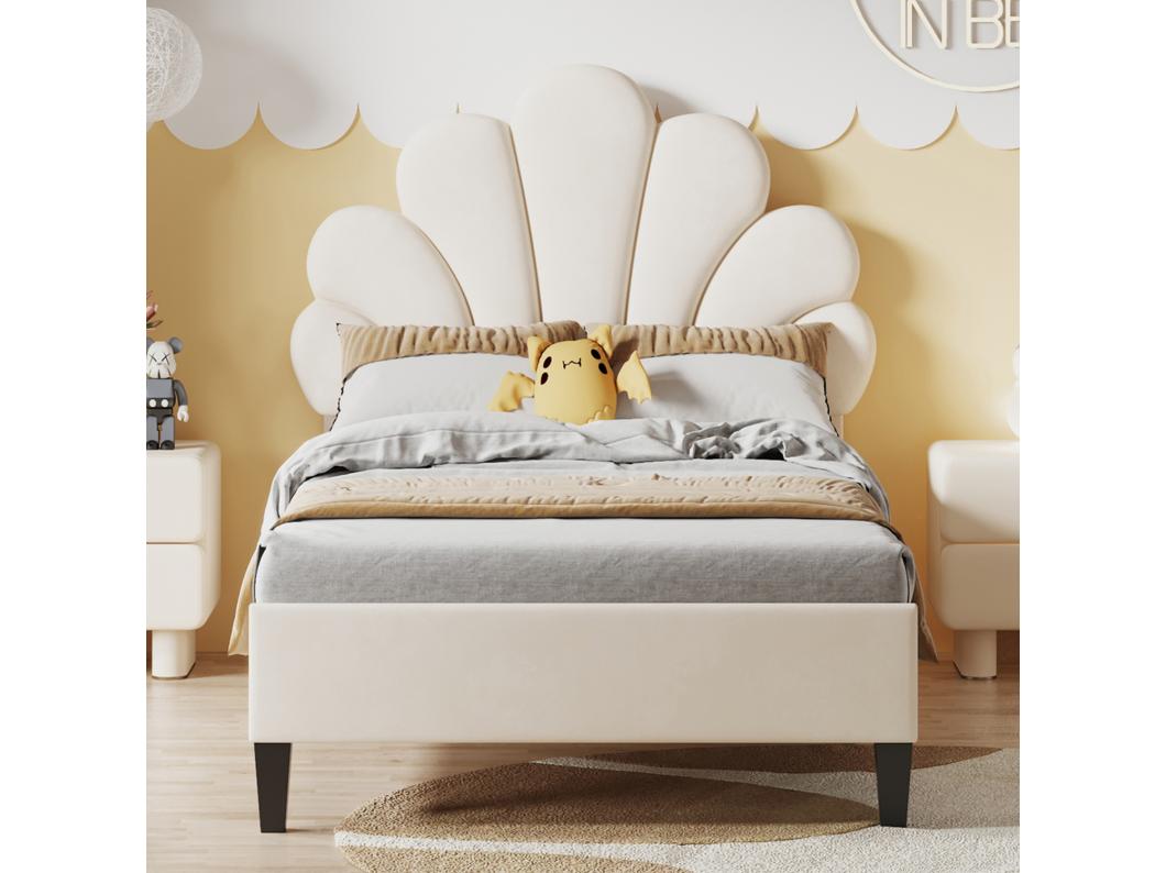 Eenpersoonsbed bekleed met fluweel - 90x200cm - bloemvormig hoofdeinde - met lattenbodem - Beige