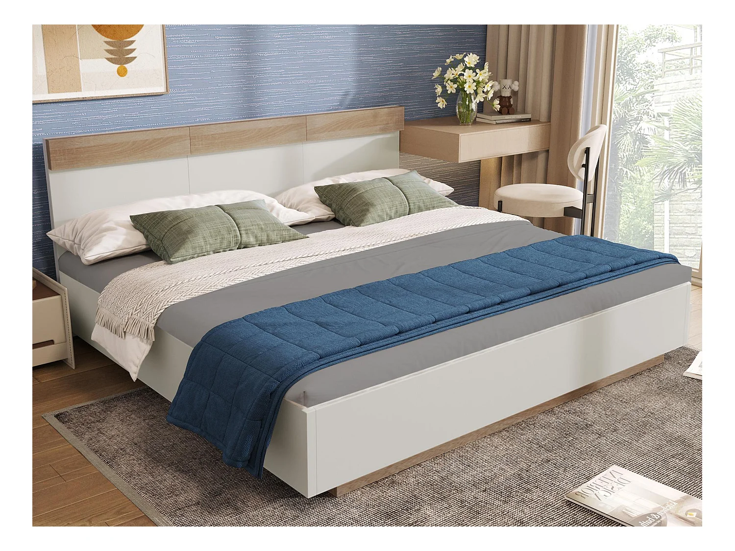 Lit adulte 180x200cm - lit flottant avec sommier à lattes - cadre en bois - blanc