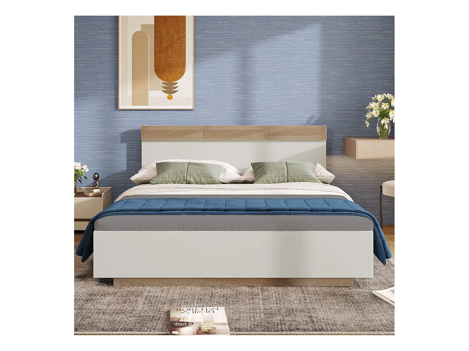 Lit adulte 180x200cm - lit flottant avec sommier à lattes - cadre en bois - blanc