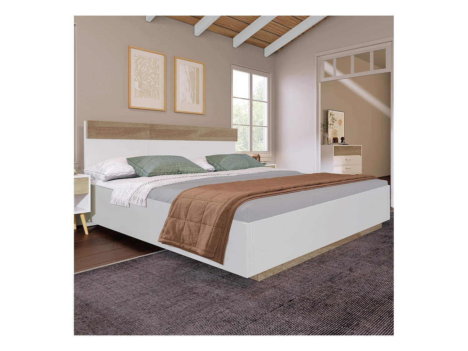 Lit adulte 180x200cm - lit flottant avec sommier à lattes - cadre en bois - blanc