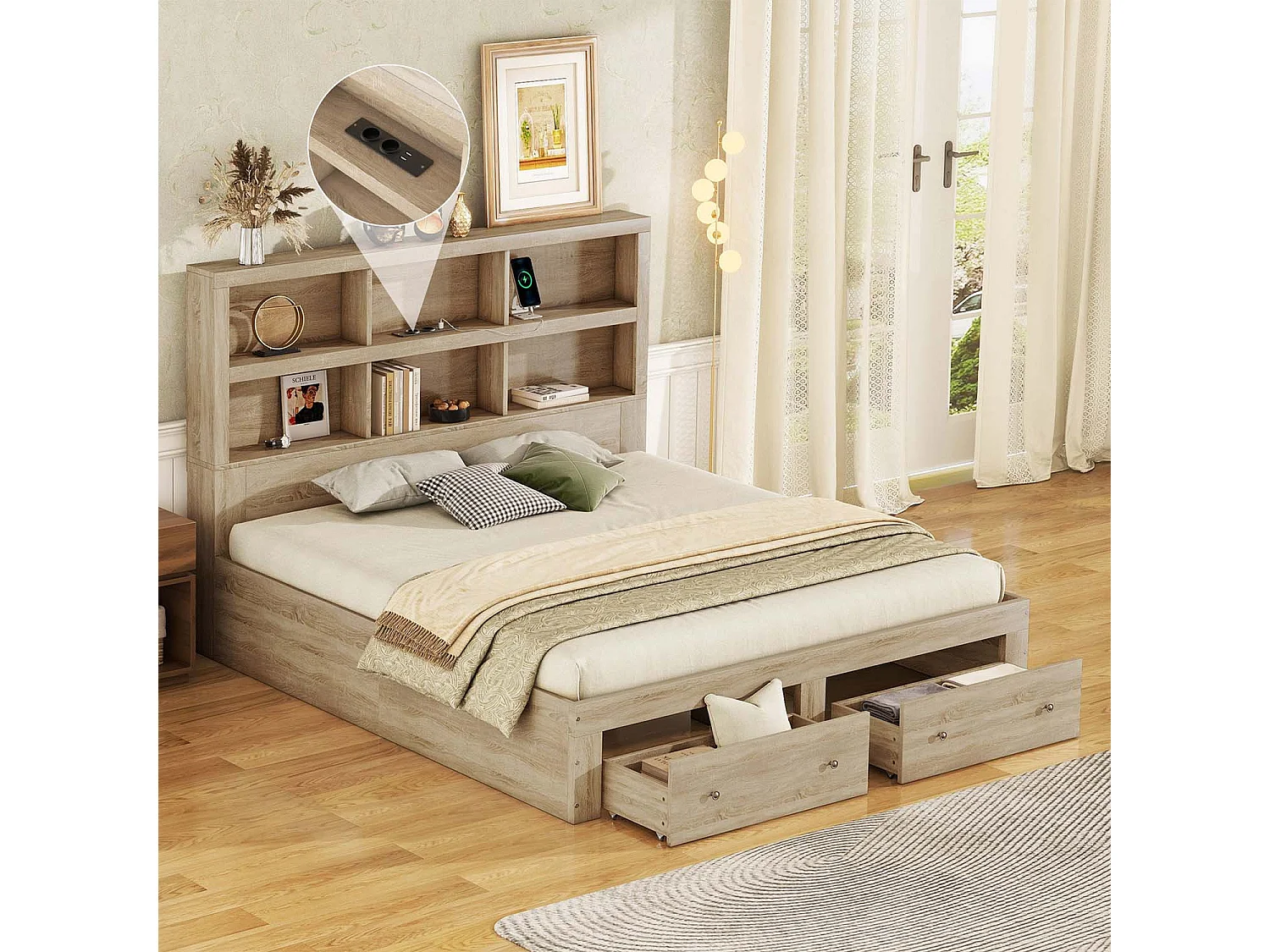 Massief houten bed 160x200cm met laden en opberghoofdeinde - met lattenbodem - Naturel