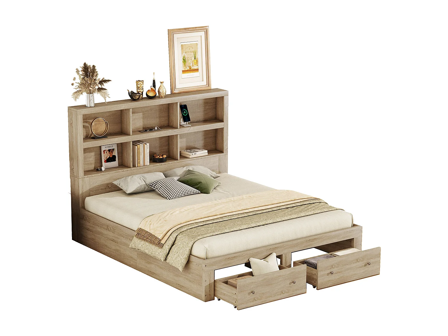 Massief houten bed 160x200cm met laden en opberghoofdeinde - met lattenbodem - Naturel