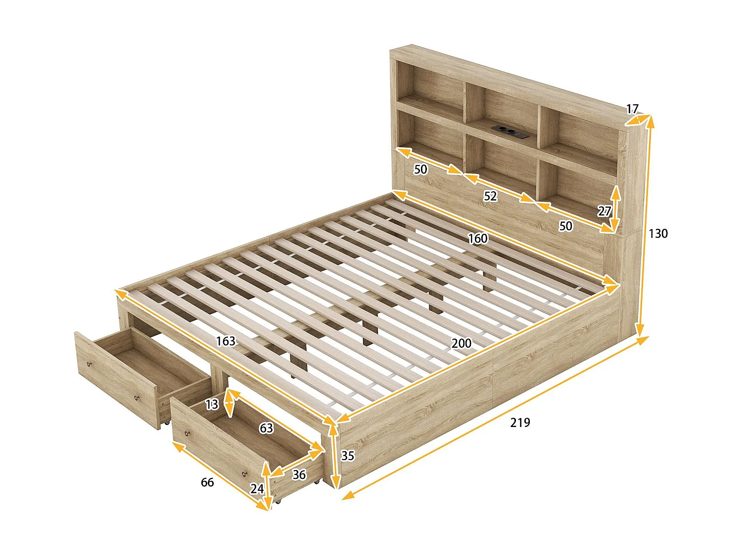 Lit double 160x200cm en bois massif avec tiroirs et tête de rangement - sommier à lattes - Naturel