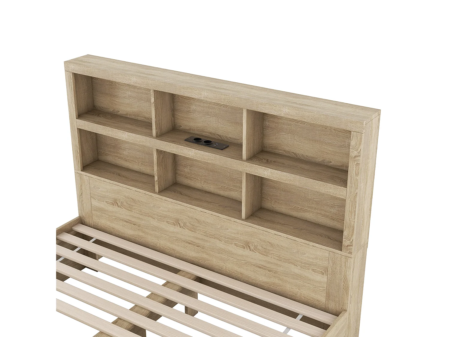 Lit double 160x200cm en bois massif avec tiroirs et tête de rangement - sommier à lattes - Naturel