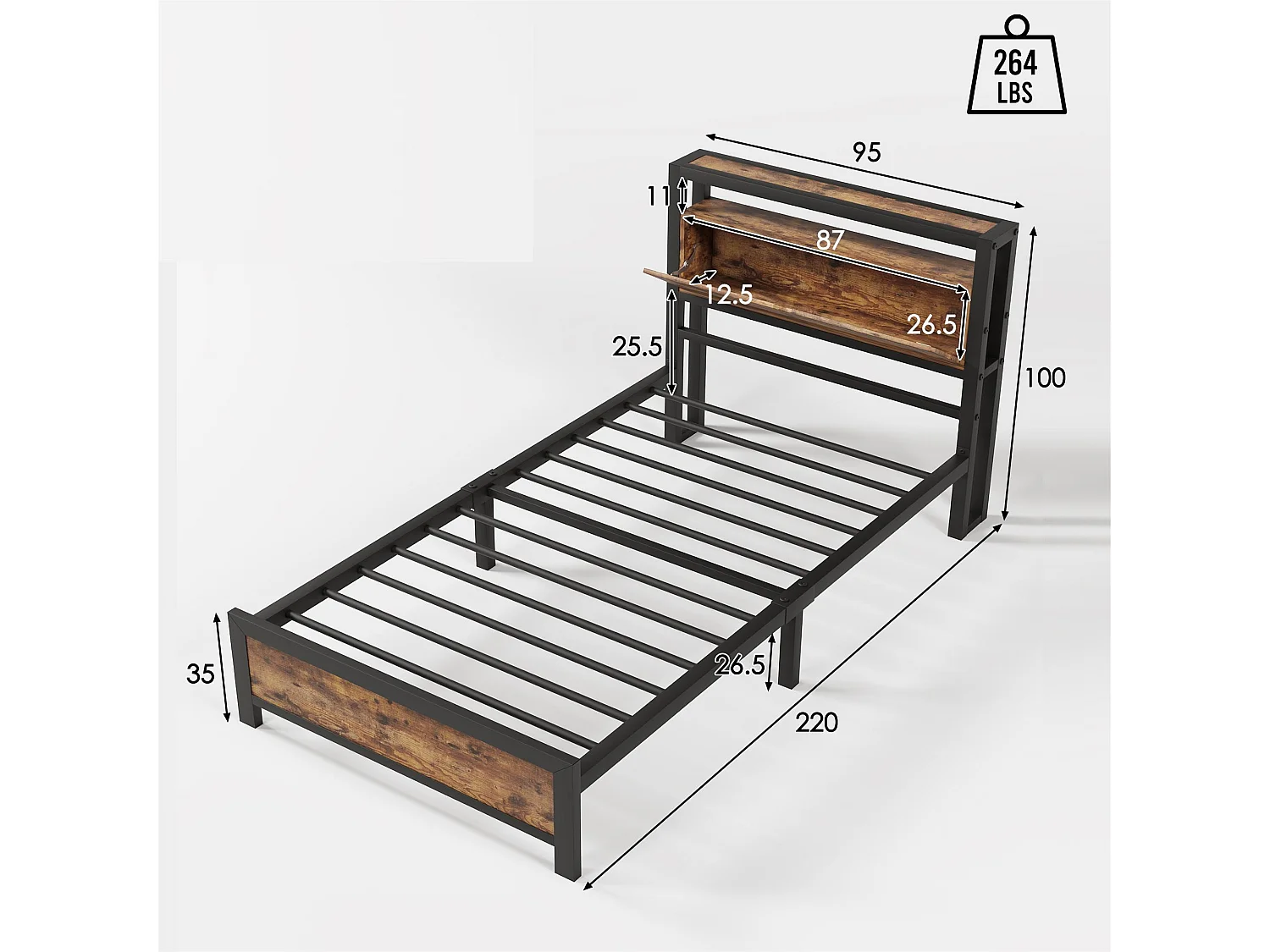 Cama para adultos 90x200 cm con espacio de almacenamiento - estructura de metal - Marrón