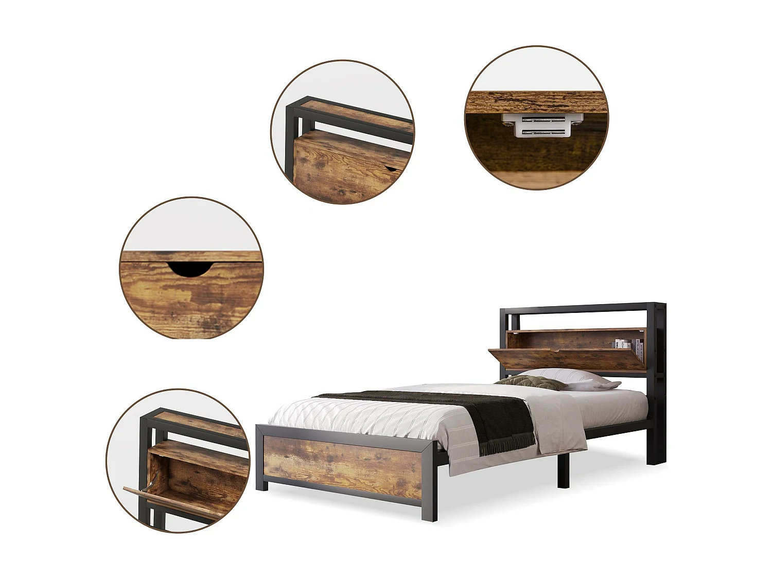 Cama para adultos 90x200 cm con espacio de almacenamiento - estructura de metal - Marrón