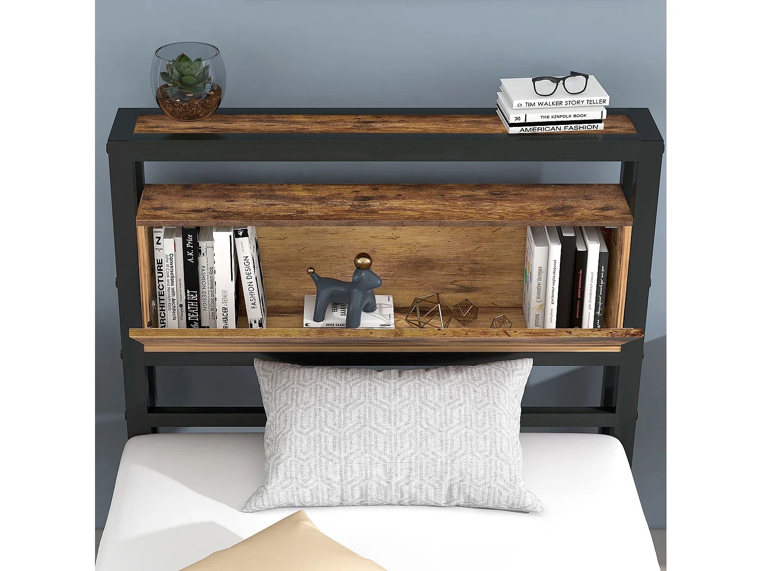 lit simple 90x200cm avec espace de rangement - cadre en métal - Marron