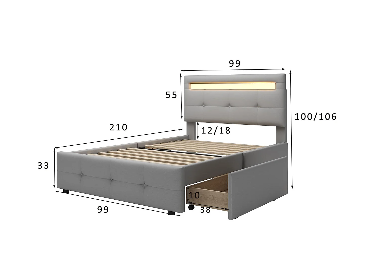 Cama individual 90x200 cm en tejido de lino con LED y 2 cajones - Gris