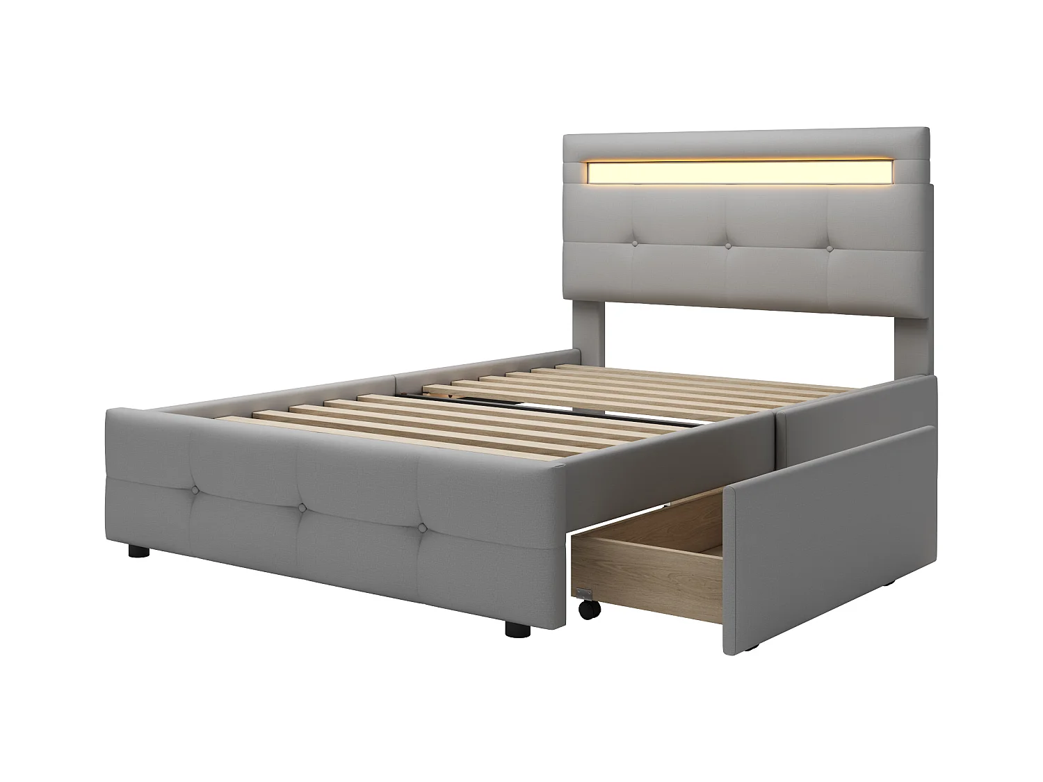 Cama individual 90x200 cm en tejido de lino con LED y 2 cajones - Gris