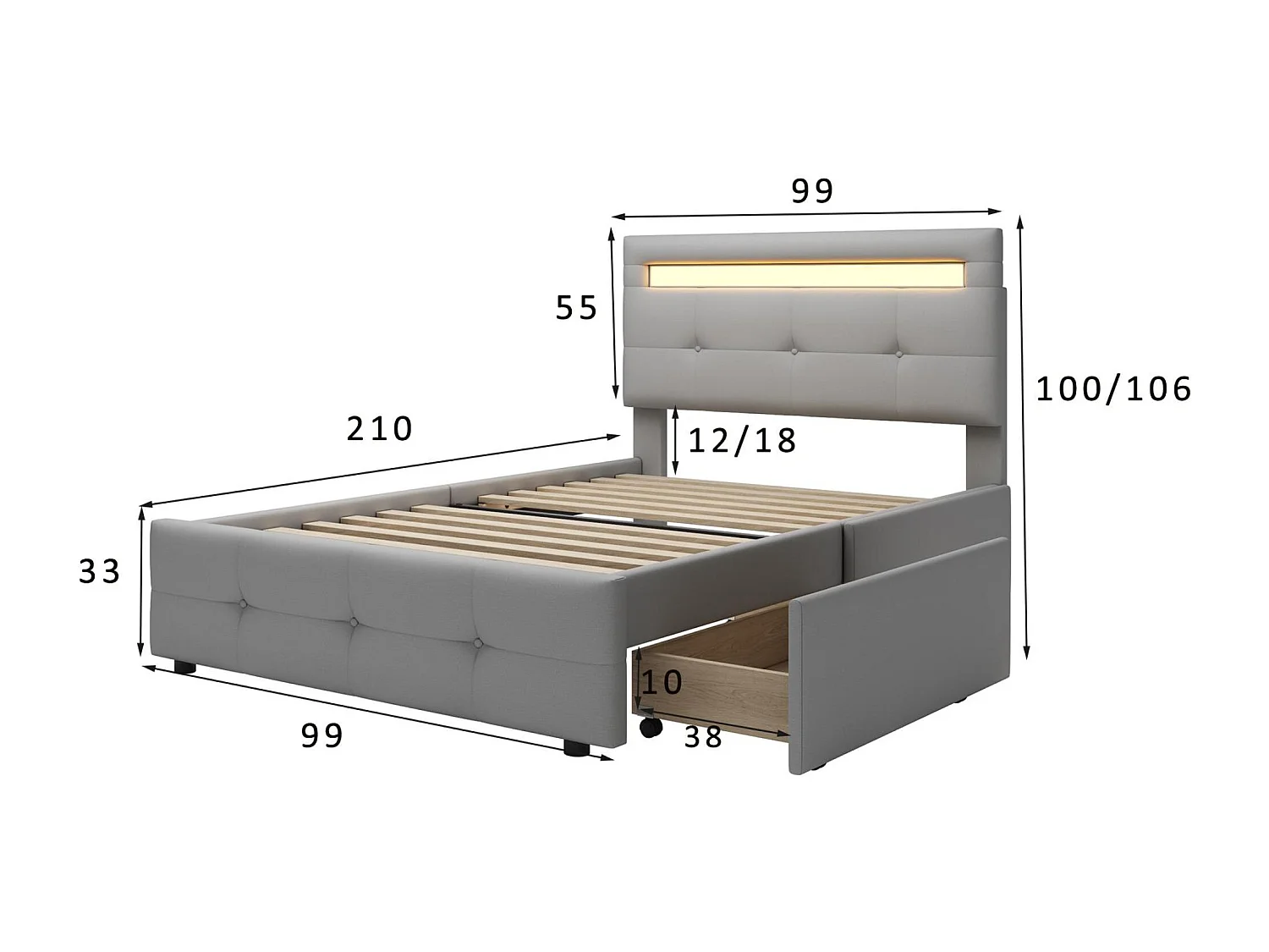 Eenpersoonsbed 90x200cm in linnenstof met LED en 2 laden - Grijs