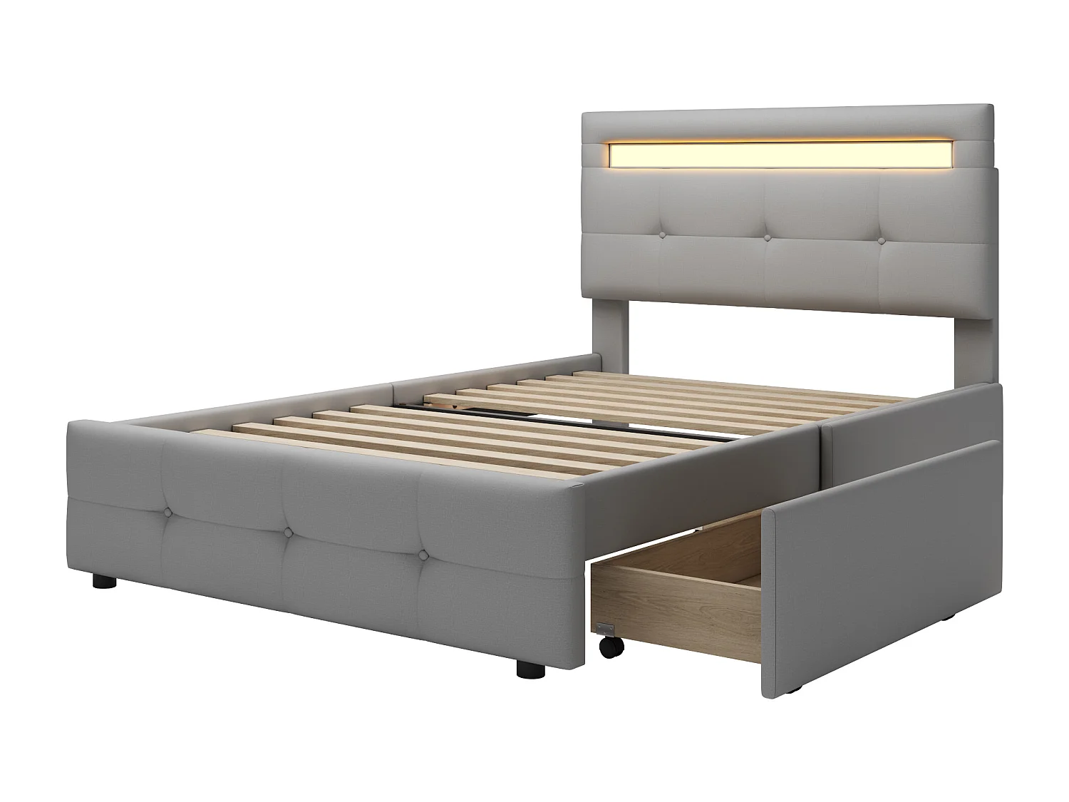 Eenpersoonsbed 90x200cm in linnenstof met LED en 2 laden - Grijs