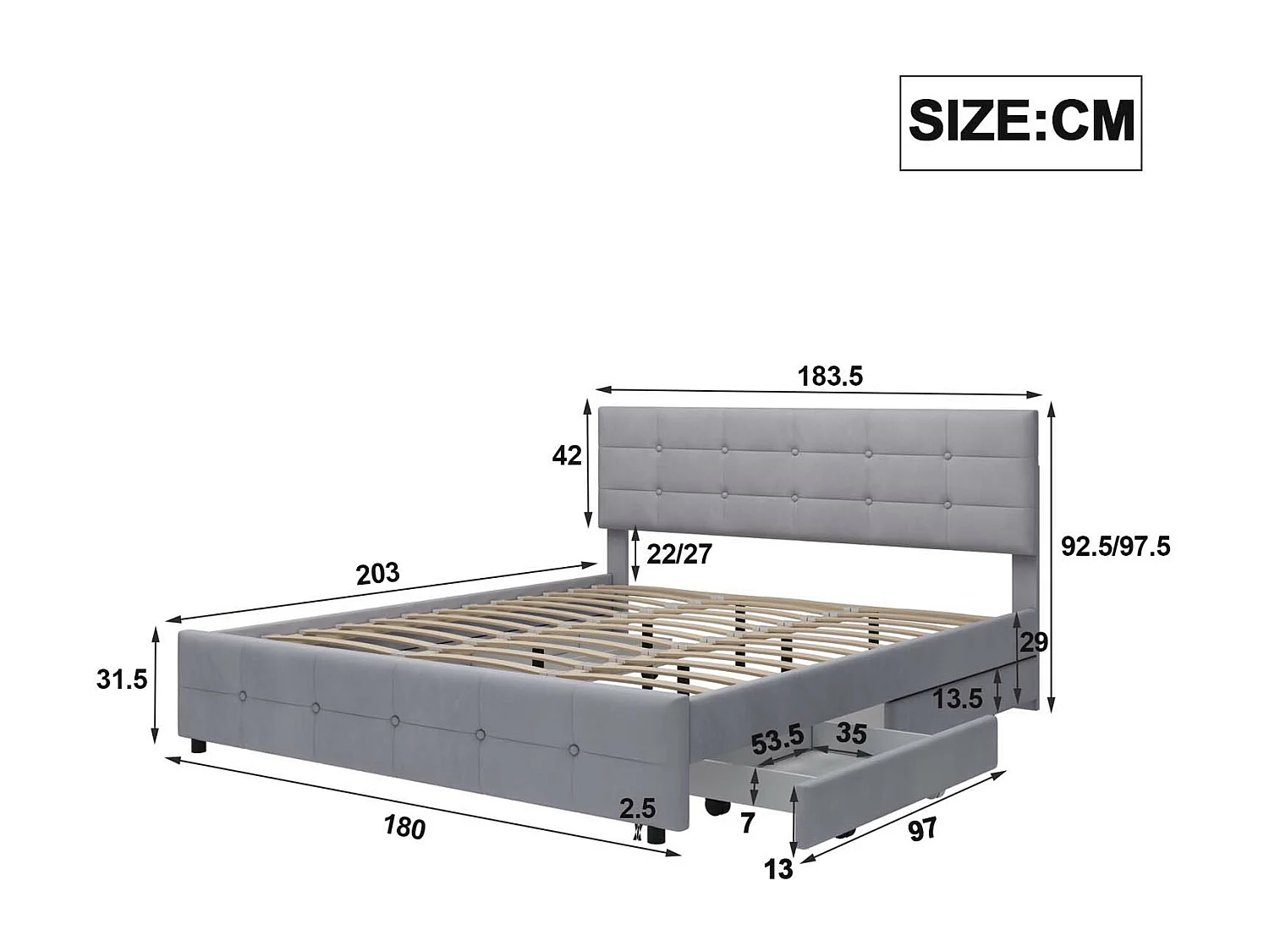 Gestoffeerd bed 180x200cm in fluweel - met 4 lades en lattenbodem - Grijs