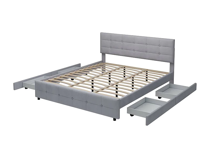 Letto imbottito 180x200 cm in velluto - con 4 cassetti e rete a doghe - Grigio