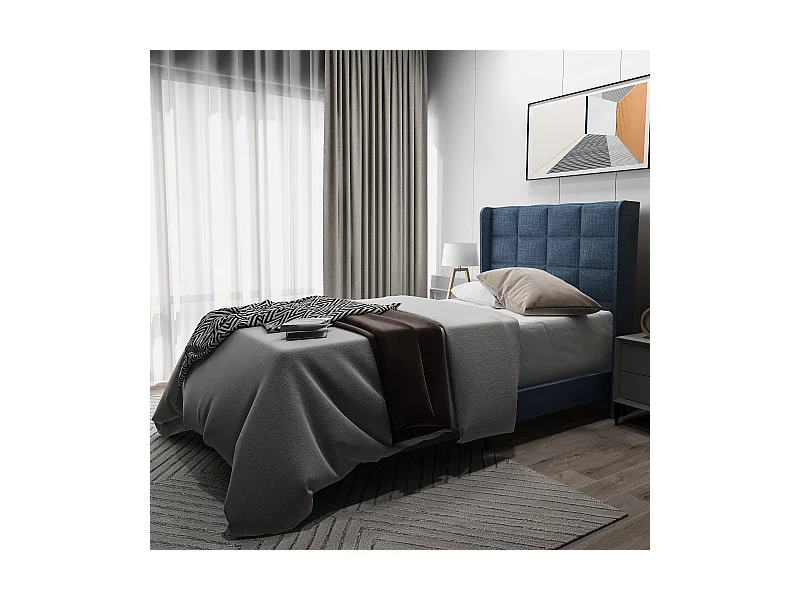 Lit rembourré en tissu de lin - 90x200cm - avec tête de lit et sommier à lattes - Bleu