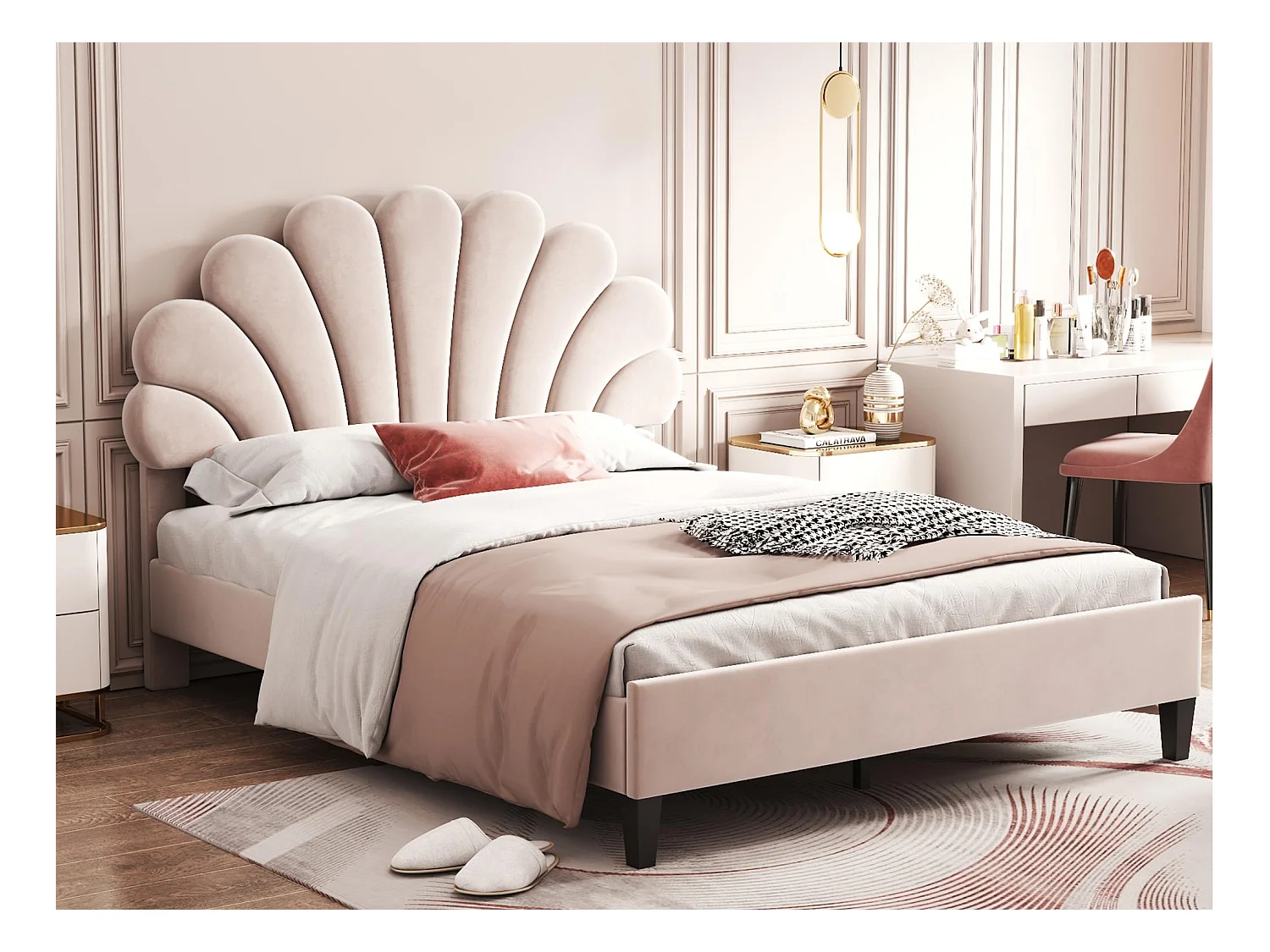 Lit double rembourré en velours - 140x200cm - tête de lit en forme de fleur - avec sommier à lattes - Beige