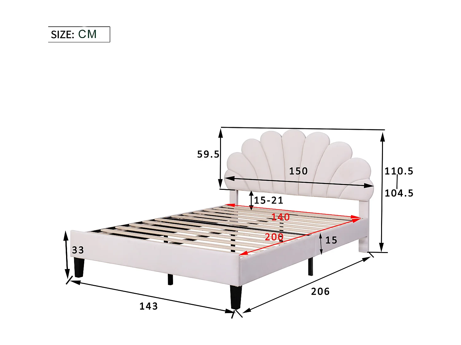 Letto matrimoniale rivestito in velluto - 140x200 cm - testiera a fiore - con rete a doghe - Beige