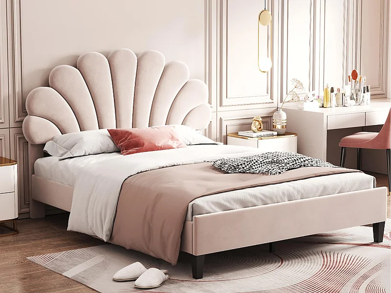 Tweepersoonsbed bekleed met fluweel - 140x200cm - bloemvormig hoofdeinde - met lattenbodem - Beige