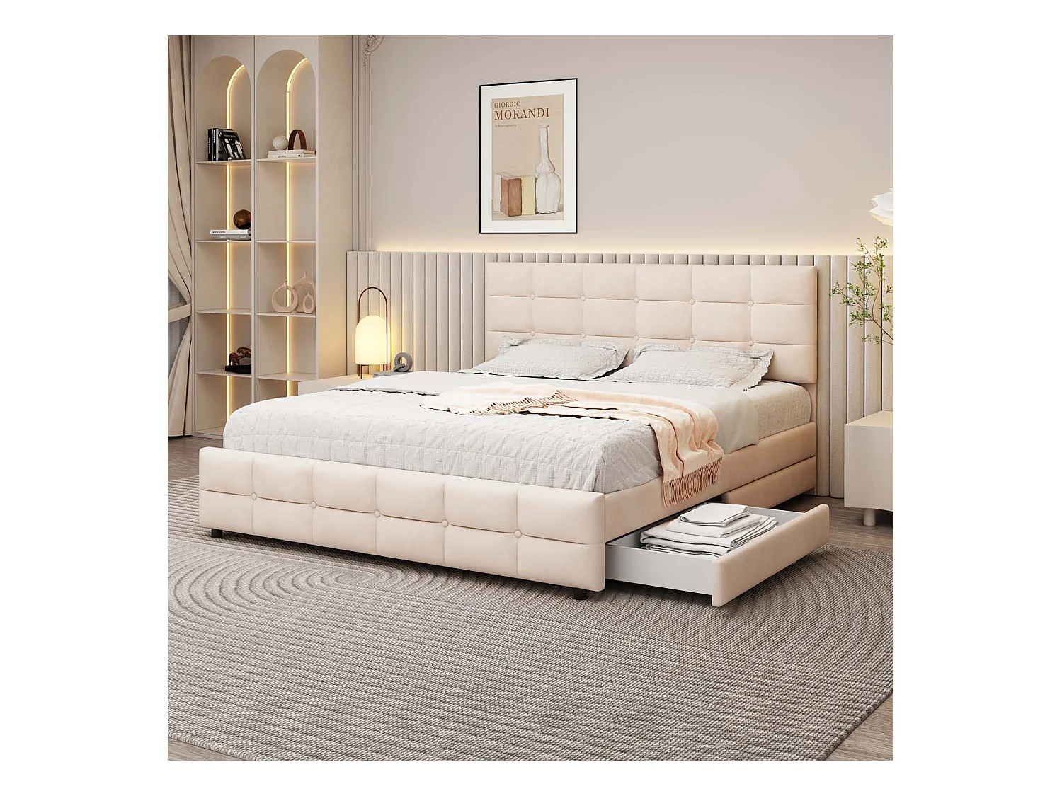Lit rembourré 180x200cm en velours avec 4 tiroirs + sommier à lattes - Beige