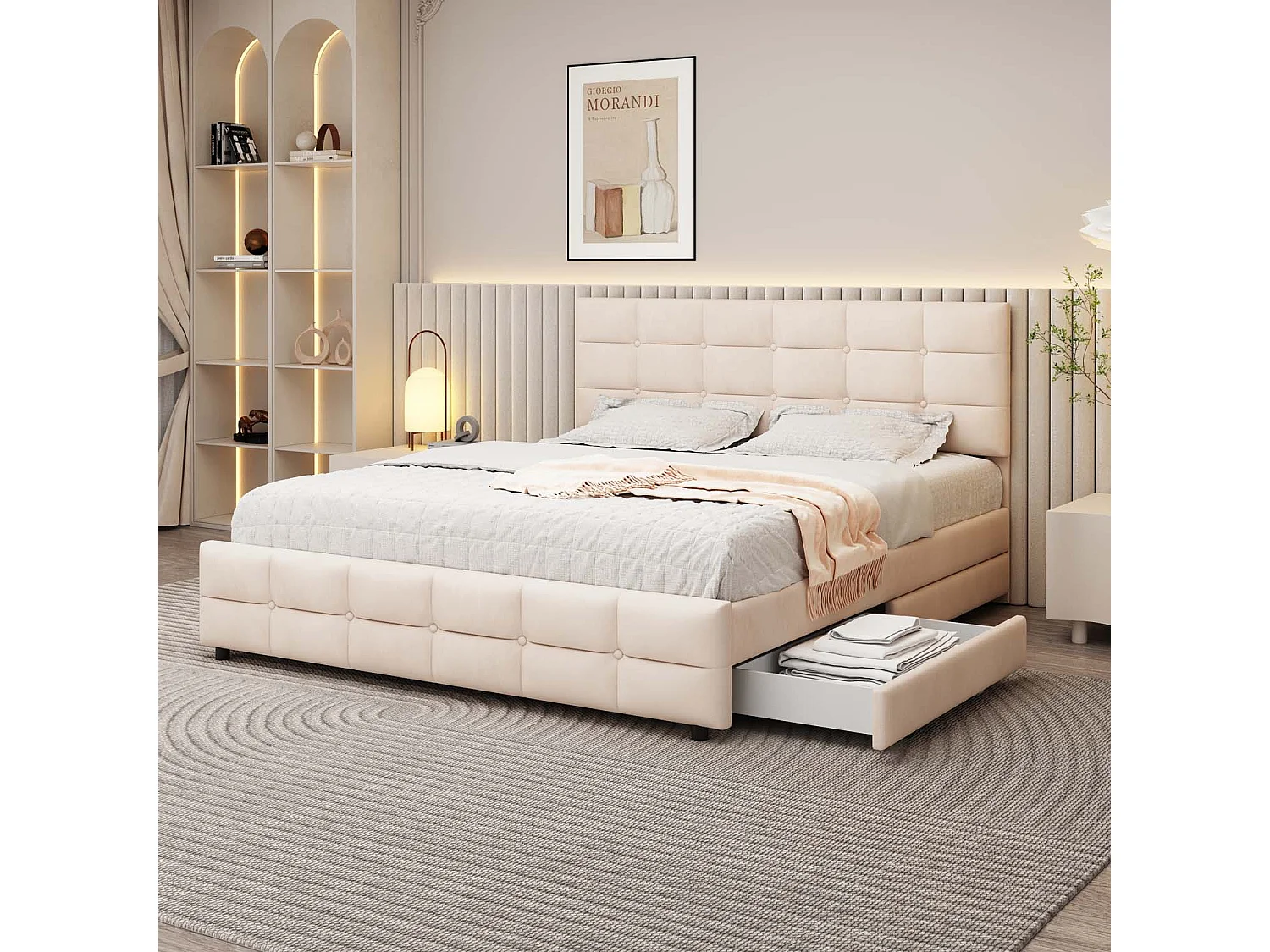 Gestoffeerd bed 180x200cm in fluweel - met 4 lades en lattenbodem - Beige