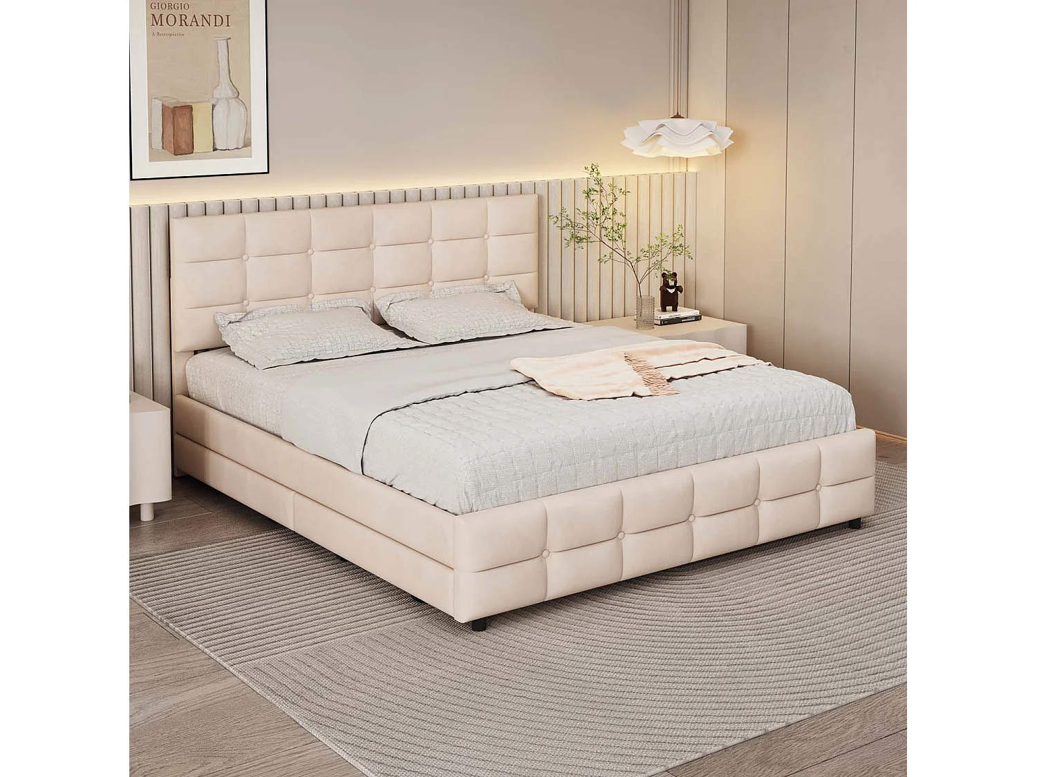Gestoffeerd bed 180x200cm in fluweel - met 4 lades en lattenbodem - Beige