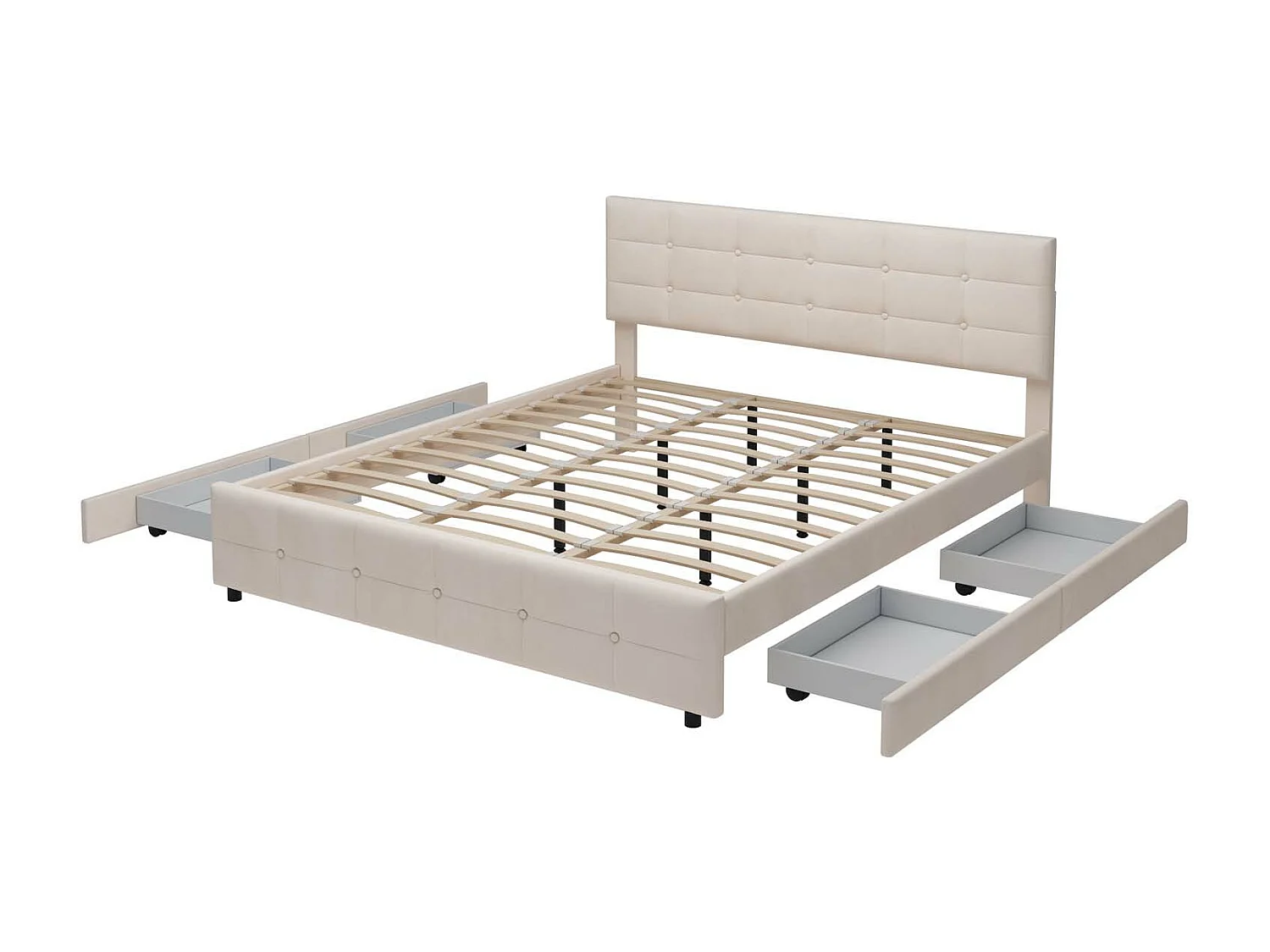 Gestoffeerd bed 180x200cm in fluweel - met 4 lades en lattenbodem - Beige