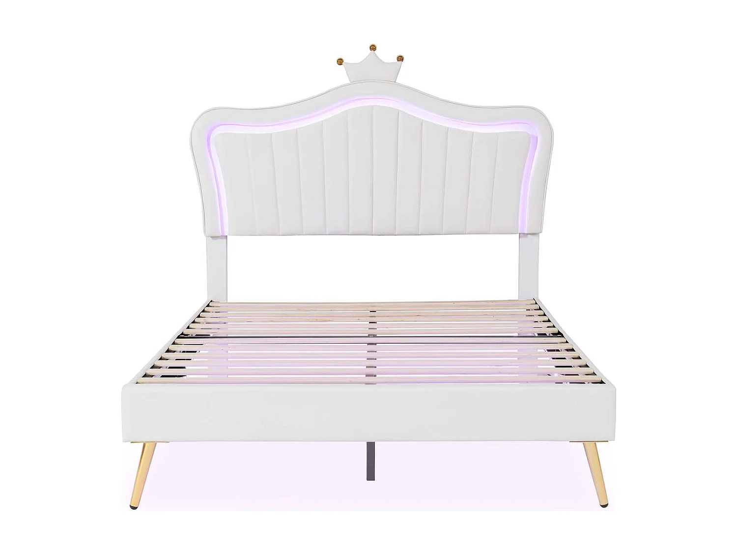 Kinderbett mit LED + verstellbarem Kopfteil + Lattenrost – 140x200cm – Leder – Weiß