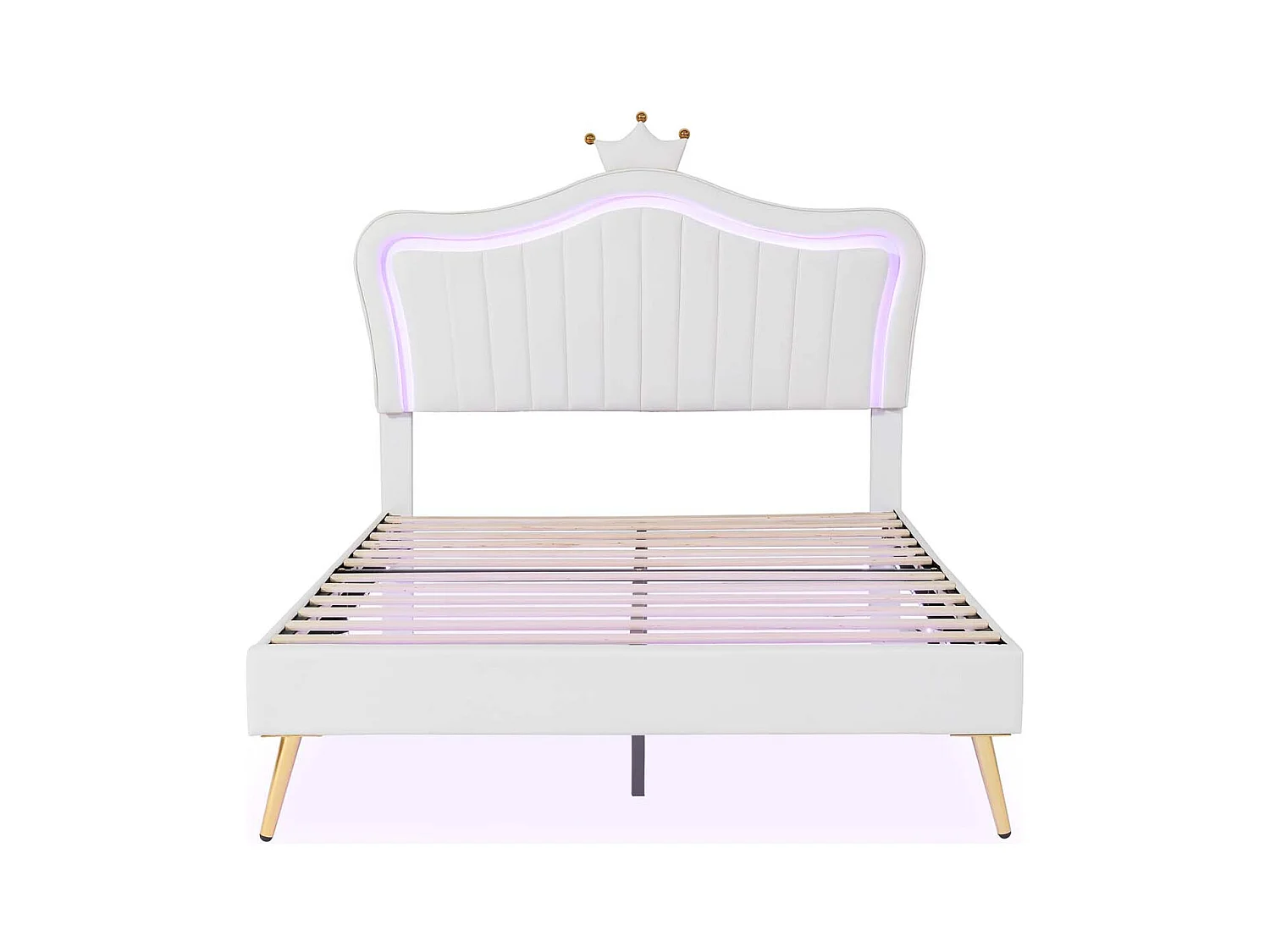 Lit enfant 140x200cm en similicuir avec LED + tête de lit réglable + sommier à lattes - Blanc