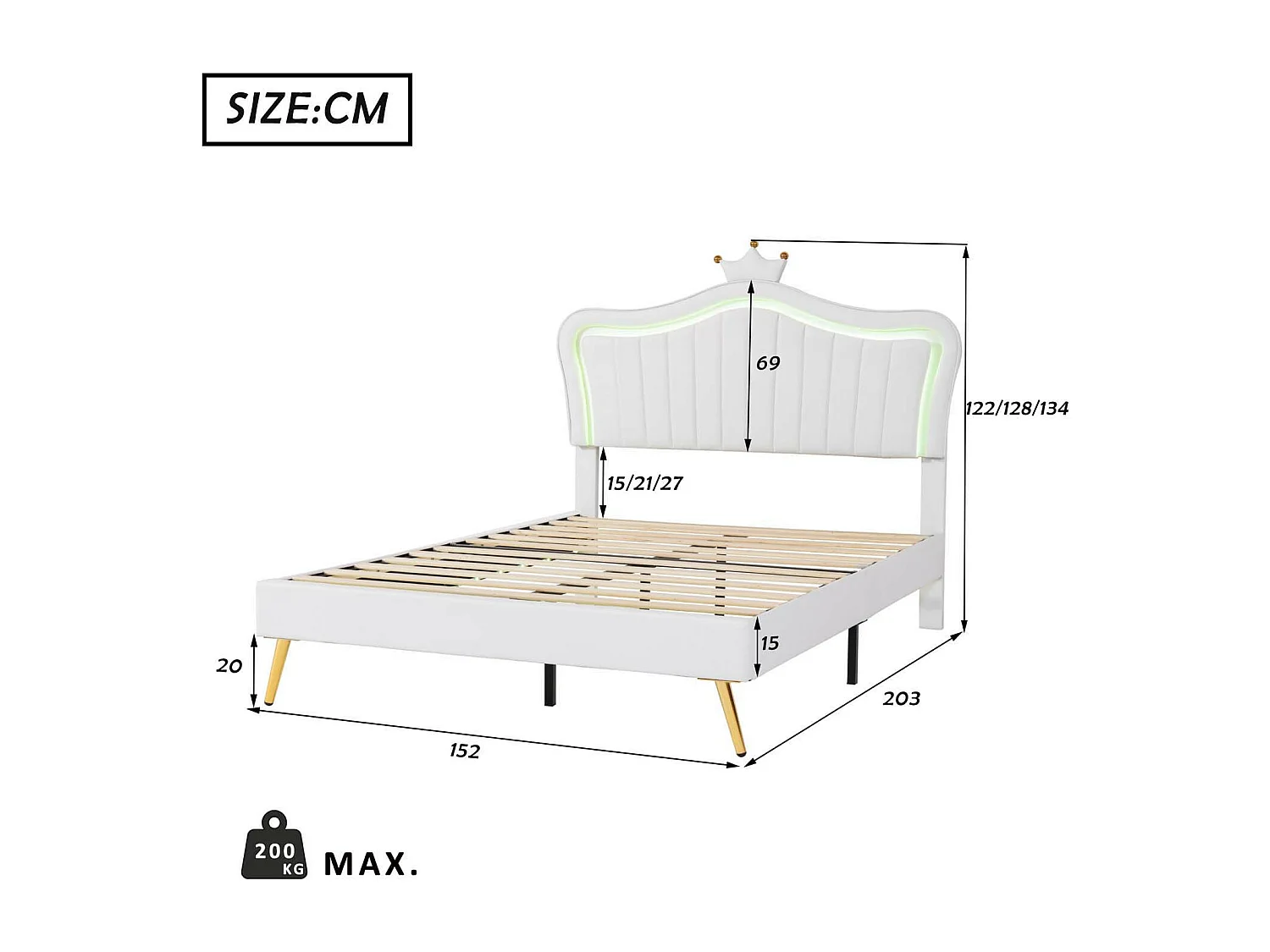 Kinderbett mit LED + verstellbarem Kopfteil + Lattenrost – 140x200cm – Leder – Weiß