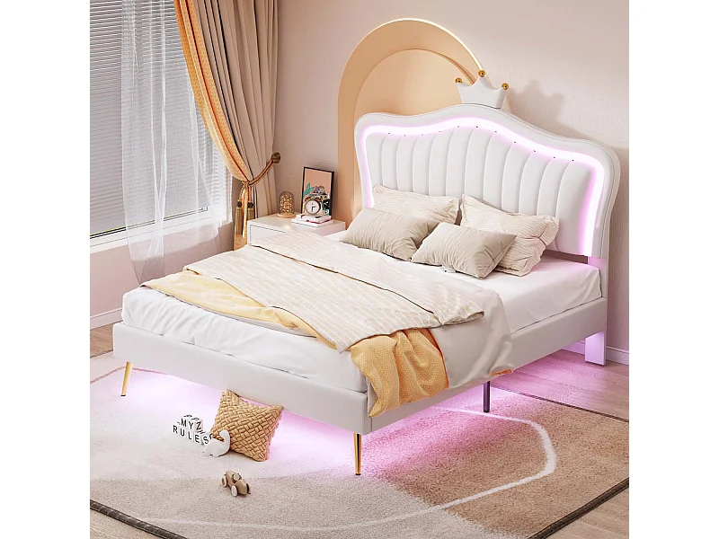 Kinderbed 140x200cm in kunstleer met LED + verstelbaar hoofdbord + lattenbodem - Wit