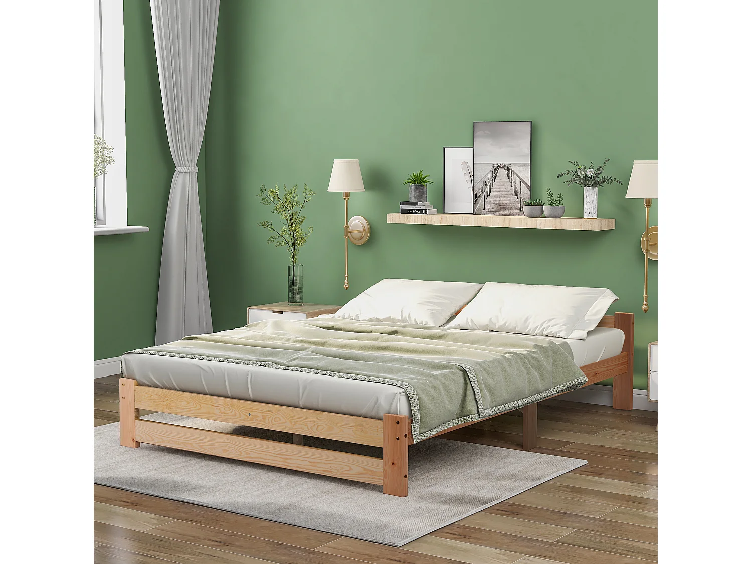 Lit simple en bois massif 140x200cm avec tête de lit et sommier à lattes - Naturel